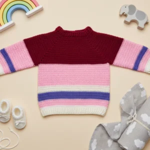 Teddytot Handmade Cardigan – Maroon, Pink and Cream Stripes