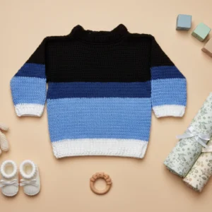 Teddytot Handmade Crochet Cardigan – Black, Blue and White Stripes