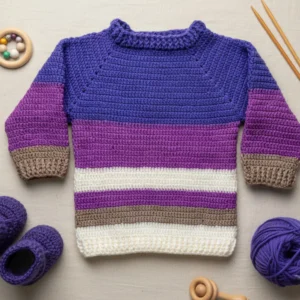 Teddytot Handmade Cardigan – Purple, Cream and Brown Stripes