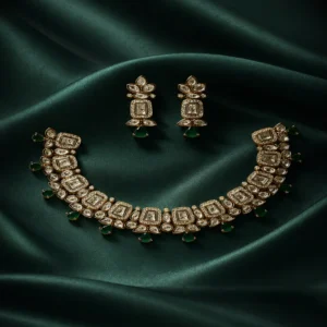Zevar Club 22K Gold-Plated White Kundan & Emerald Green Studded Cubic Zirconia Accents Bridal Statement Necklace Set