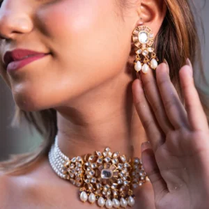 Zevar Club White Kundan Studded Floral Handcrafted Choker Necklace Set with White Pearl Beaded Strands & Drop Earrings