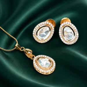 Zevar Club 22K Gold-Plated Oval-Shaped Cubic Zirconia Studded Pendant Necklace Set for Women Sale price