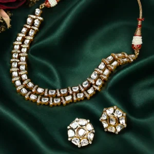 Zevar Club 24K Gold Plated White Kundan Studded Double Layer Handcrafted Jewellery Set with Earrings for Women