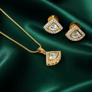 Zevar Club 22K Gold-Plated Cubic Zirconia Studded Geometric Pendant Necklace Set for Women