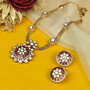 Zevar Club 24K Gold Plated White Kundan Studded Ruby Red Enamel Handcrafted Floral Jewellery Set with Pendant & Earrings for Women