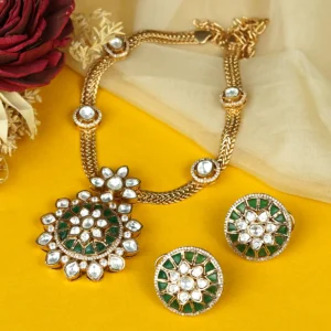 Zevar Club 24K Gold Plated White Kundan Studded Handcrafted Jewellery Set with Green Enamel Floral Pendant & Earrings for Women