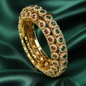 Zevar Club Gold Tone Ruby Red & Emerald Green Stone Studded Pearl Beaded Handcrafted Bracelet for Women