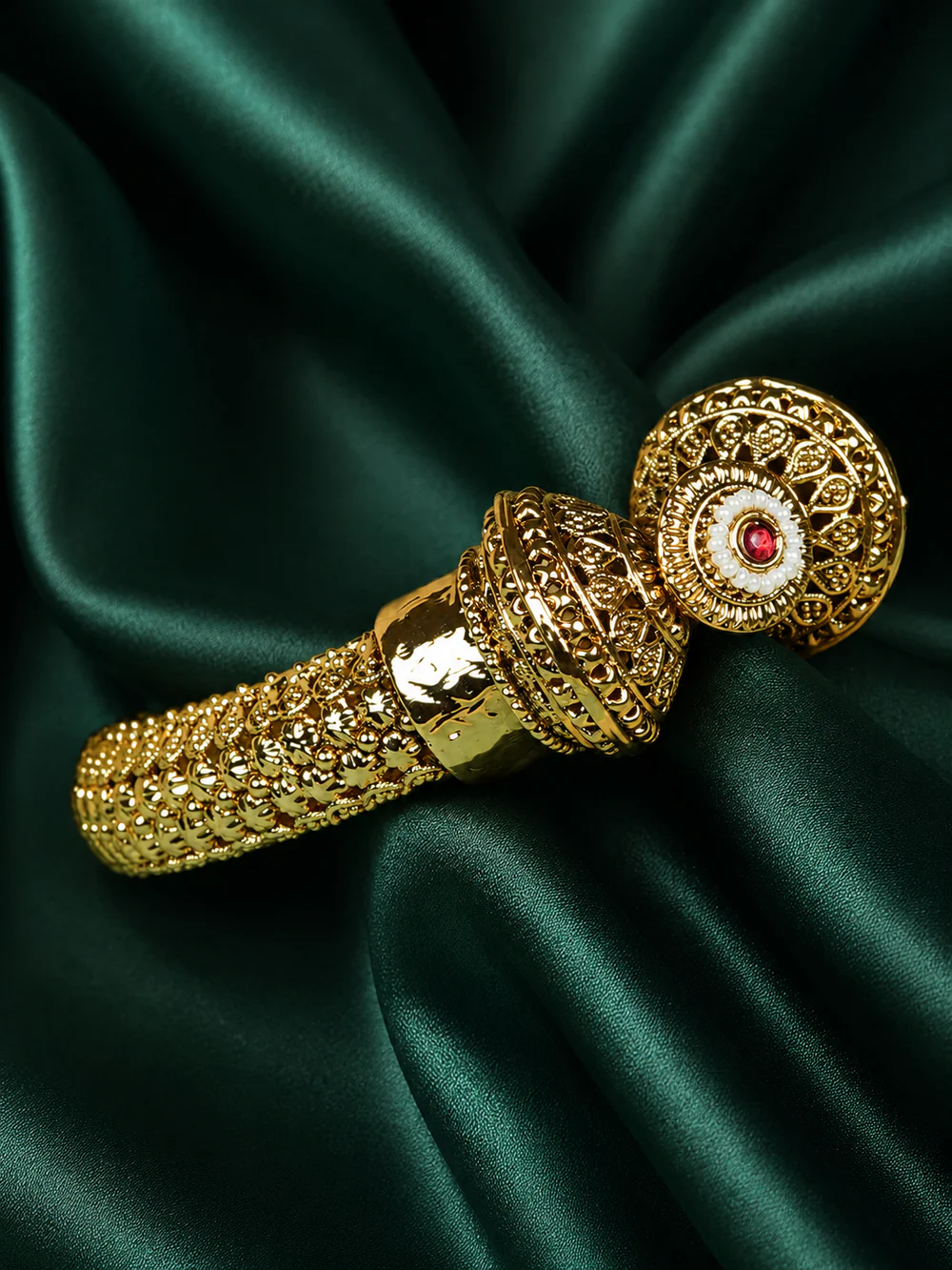 Zevar Club 18K Gold Plated Handcrafted Rajwadi Kada Bangle with Dome Motif Ruby Red & White Stone Detailing