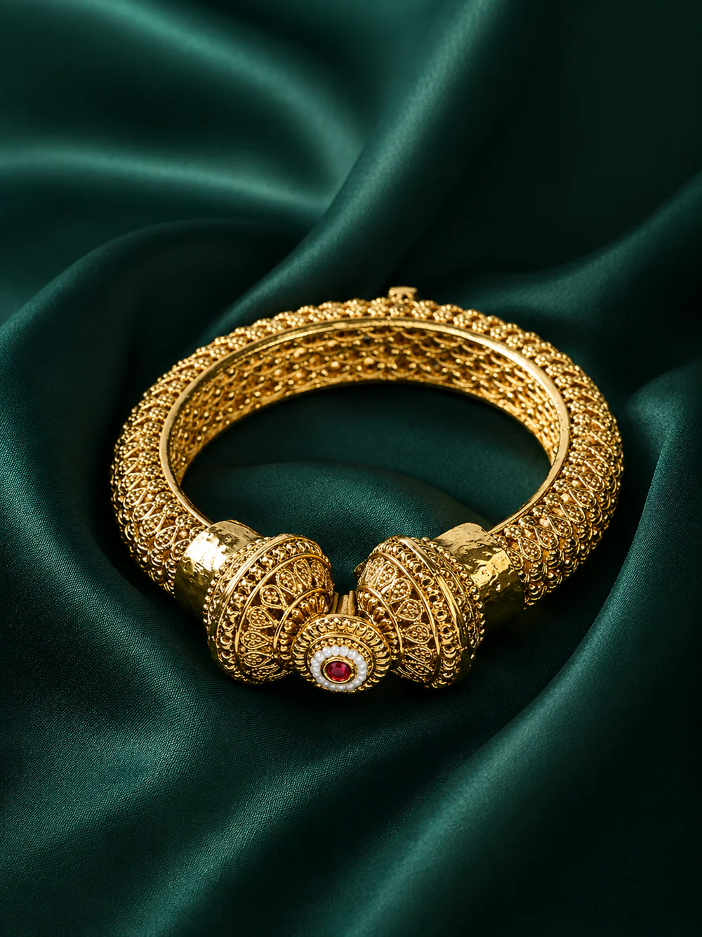 Zevar Club 18K Gold Plated Handcrafted Rajwadi Kada Bangle with Dome Motif Ruby Red & White Stone Detailing