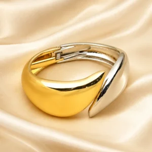 Zevar Club Gold & Silver Dual Tone Stainless Steel Tarnish Free Waterproof Glossy Curved Openable Statement Bracelet for Women