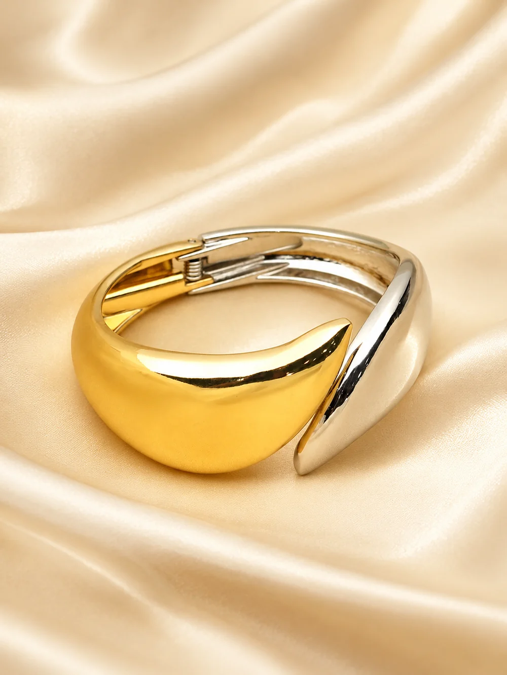 Zevar Club Gold & Silver Dual Tone Stainless Steel Tarnish Free Waterproof Glossy Curved Openable Statement Bracelet for Women