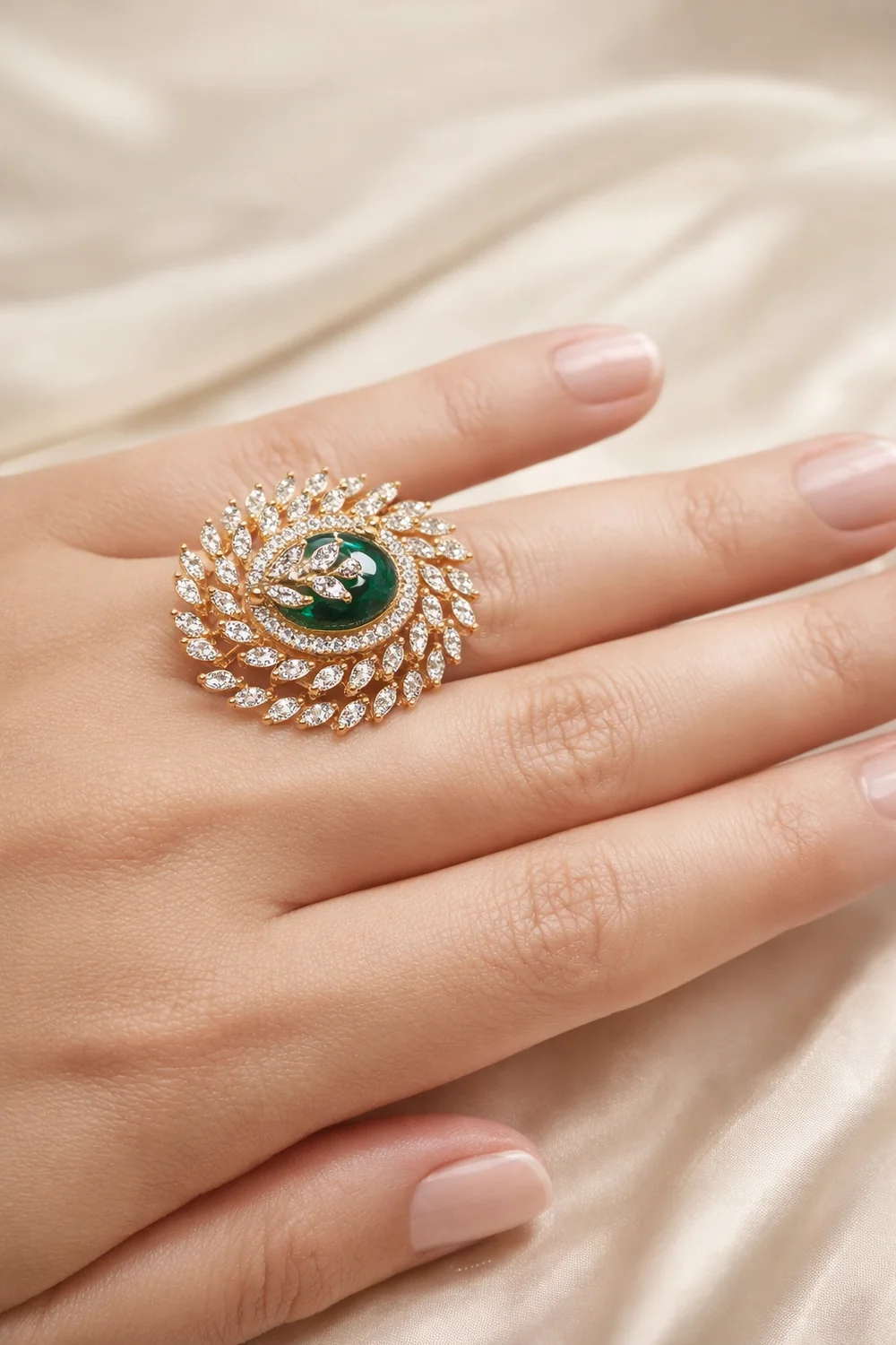 Zevar Club Glam Emerald Green Gold Plated Diamond Statement Cocktail Ring