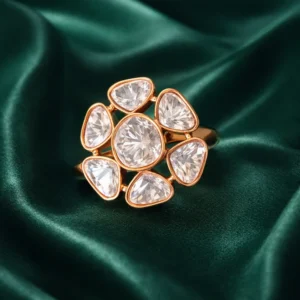 Zevar Club Festive Gold Plated Adjustable Moissonite Statement Designer Ring for Women