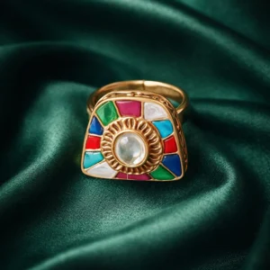 Zevar Club Multicolour Adjustable Gold Plated Statement Navratan Ring for Women