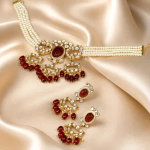 Zevar Club White Pearl Beaded Choker Necklace Set with Maroon Stone & White Kundan Studded Pendant and Earrings for Women