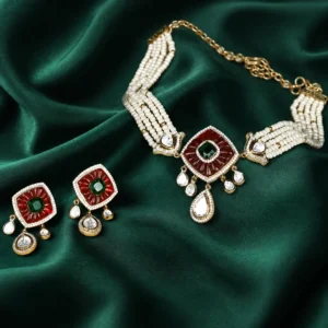 Zevar Club Ruby Red Stone & White Kundan Studded Handcrafted Choker Necklace Set with White Pearl Beaded Strands