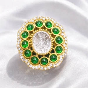 Zevar Club Adjustable Emerald Green Gold Plated Kundan Statement Ring