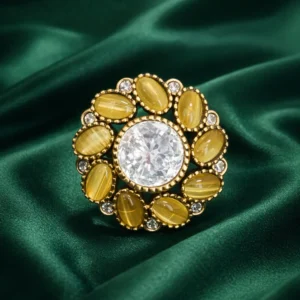 Zevar Club Adjustable Mustard Yellow Gold Plated Kundan Statement Ring